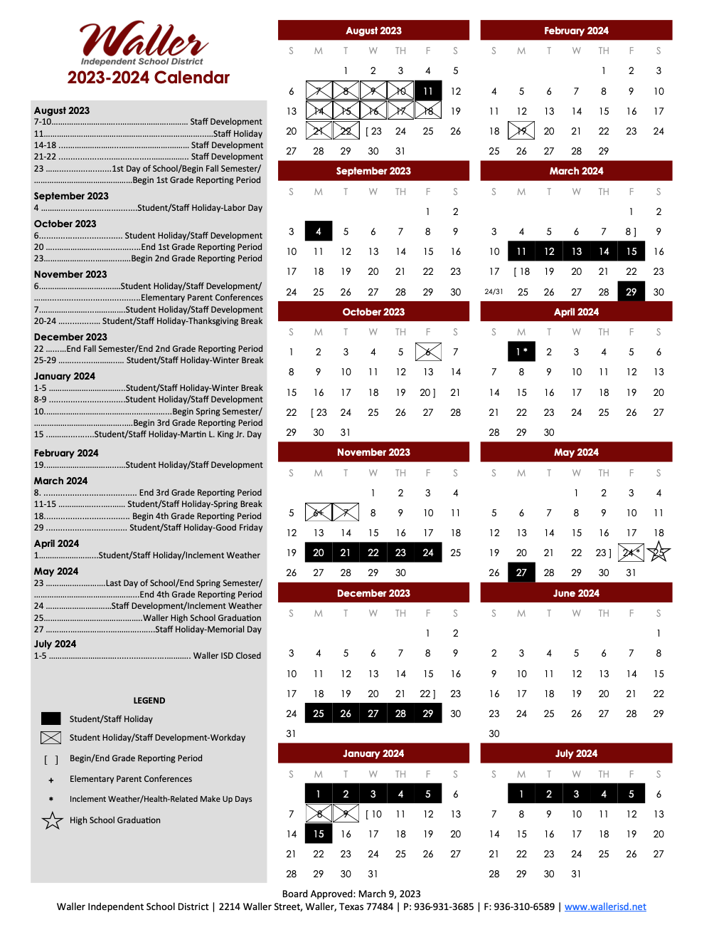 The upcoming 2023-2024 school year calendar in Waller, Texas. (courtesy Waller ISD)