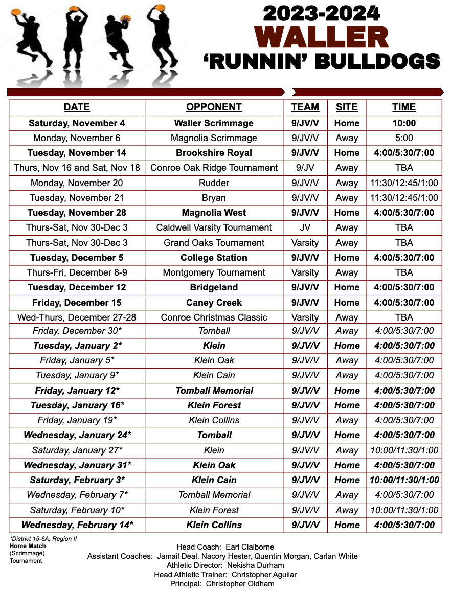The Waller boys Bulldog basketball schedule in an easy to download form. (courtesy Waller ISD)