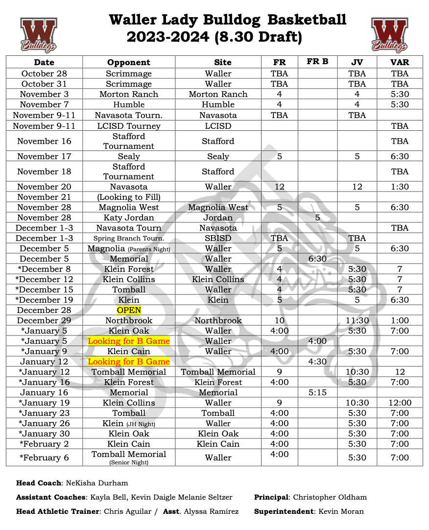 The Waller Lady Bulldog basketball schedule in an easy to download form. (courtesy Waller ISD)