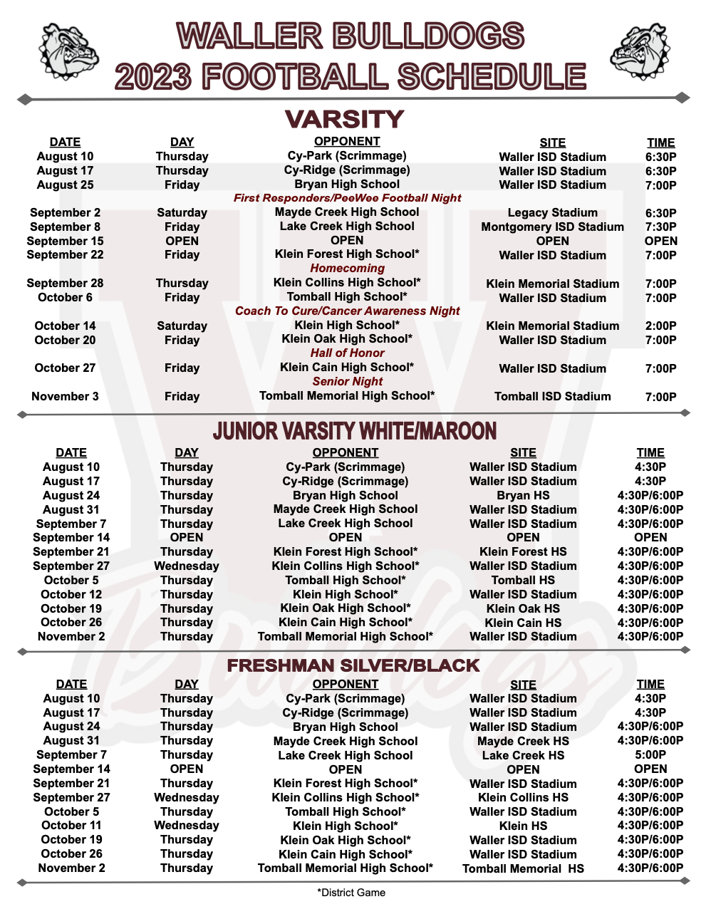 The Waller HIgh School Bulldog schedule in easy to download form. (courtesy Waller ISD)