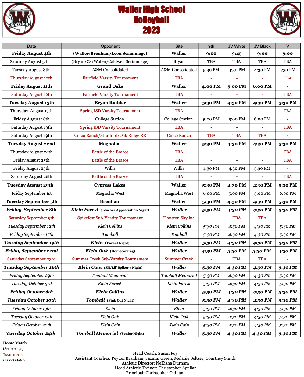 The Waller Lady Bulldog volleyball schedule in an easy to download form. (courtesy Waller ISD)