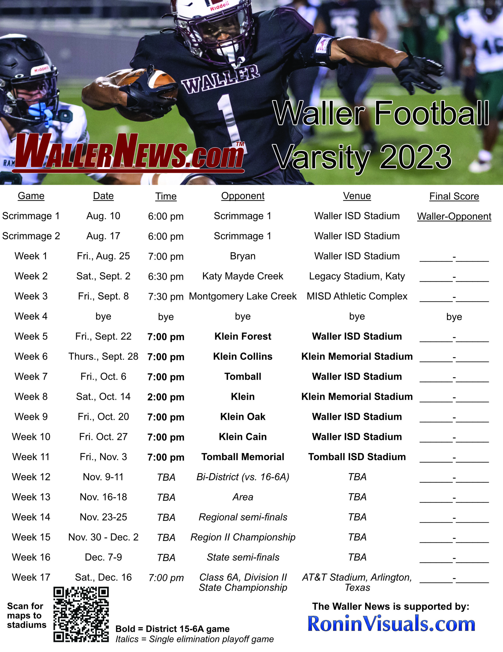 The varsity Waller Bulldog schedule in easy to download form. (crafted by WallerNews.com)