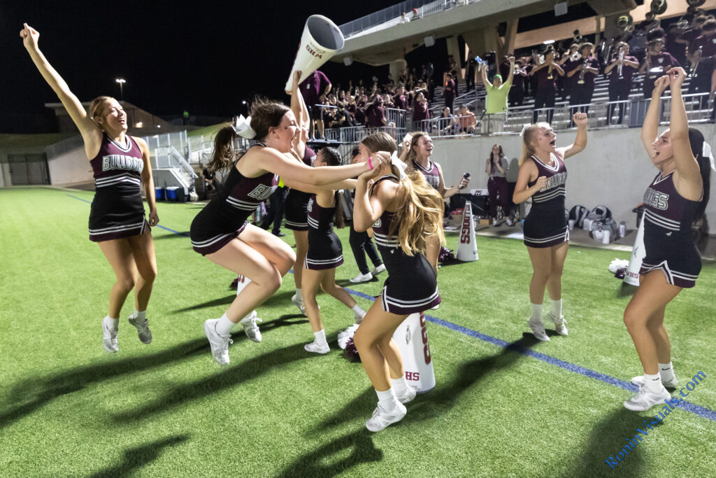 Waller cheerleaders celebrate their football team's first win in over a year. The Waller Bulldogs broke their losing streak with a victory over Katy Mayde Creek’s Rams, 35-0, at Legacy Stadium, Saturday, Sept. 2, 2023. (Photo courtesy RoninVisuals.com)