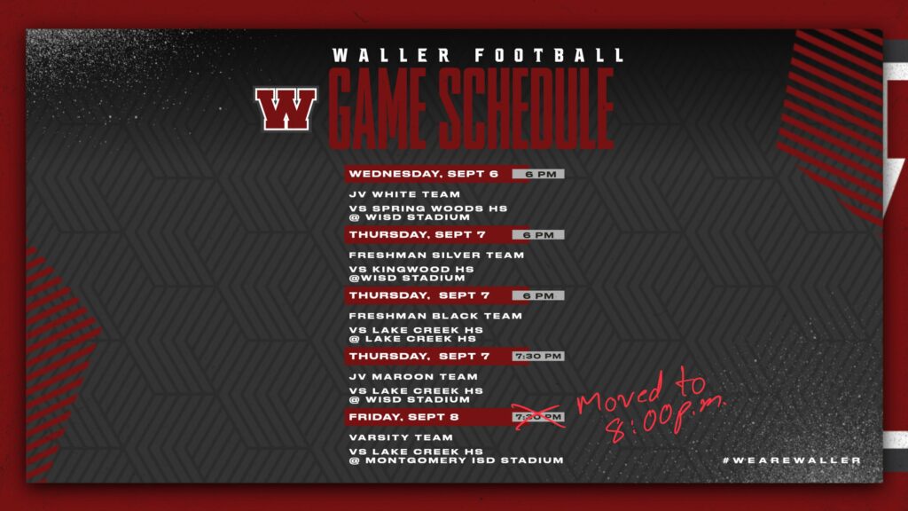 Due to new UIL guidance on heat and outdoor sports, week 3 of high school football continues to see multiple rescheduled game times. The varsity Bulldogs now kickoff at 8 p.m. (graphic courtesy Waller ISD)