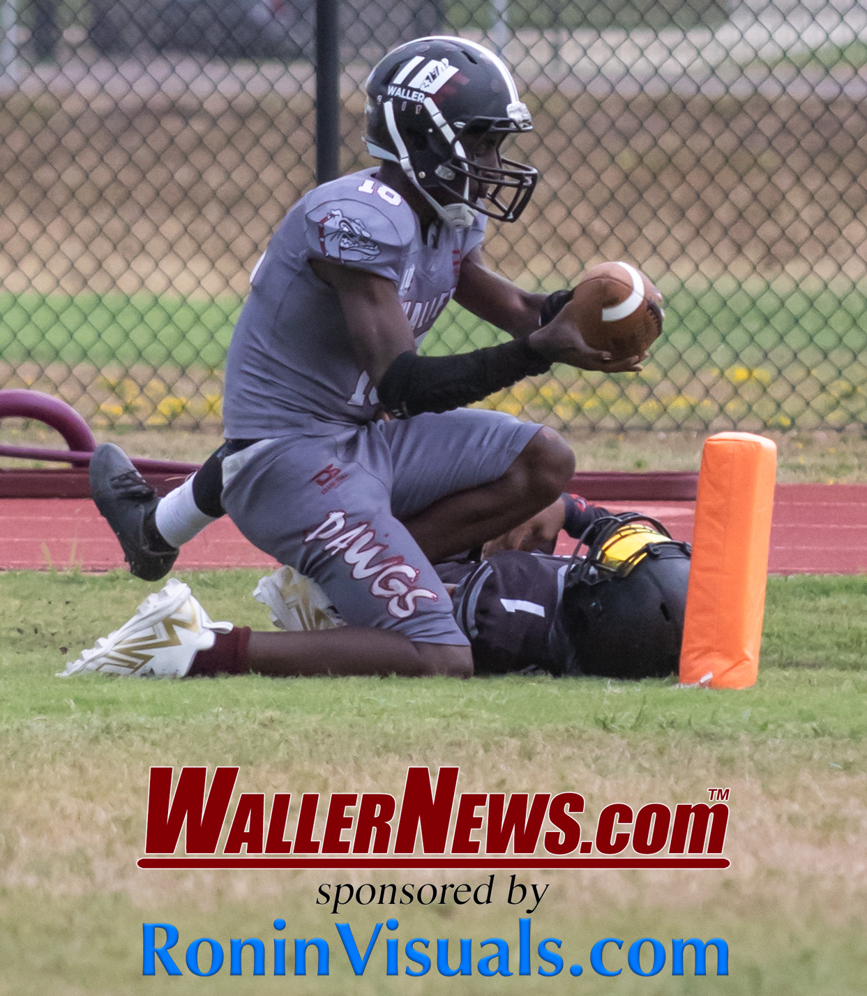 Mahky Adams (18) is brought down inches from the end zone as time runs out in the first half. The Waller Elite 12U Bulldogs battle the Houston Raider during Youth Football Federation action at Schultz Field in Waller, Saturday, Sept. 16, 2023. (Photo courtesy RoninVisuals.com)