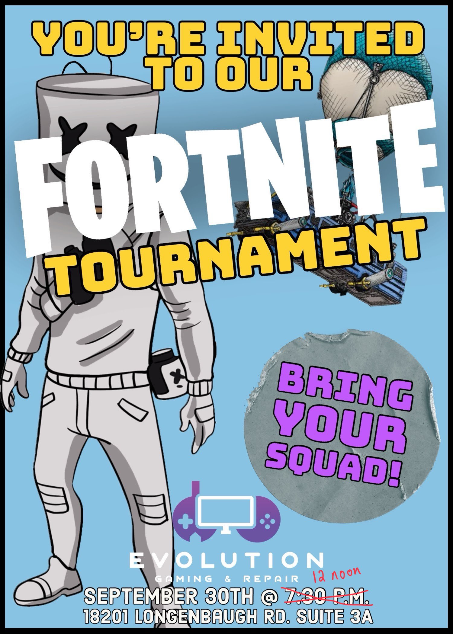 Evolution Gaming and Repair in Cypress is hosting a Fortnite Tournament on Sept. 30, 2023 at noon! $20 entry fee gets you lunch and the opportunity to win a $100 cash prize! The tournament start time has moved to 12 noon, at 18021 Longenbaugh Road, Suite 3A, Cypress, TX 77433.