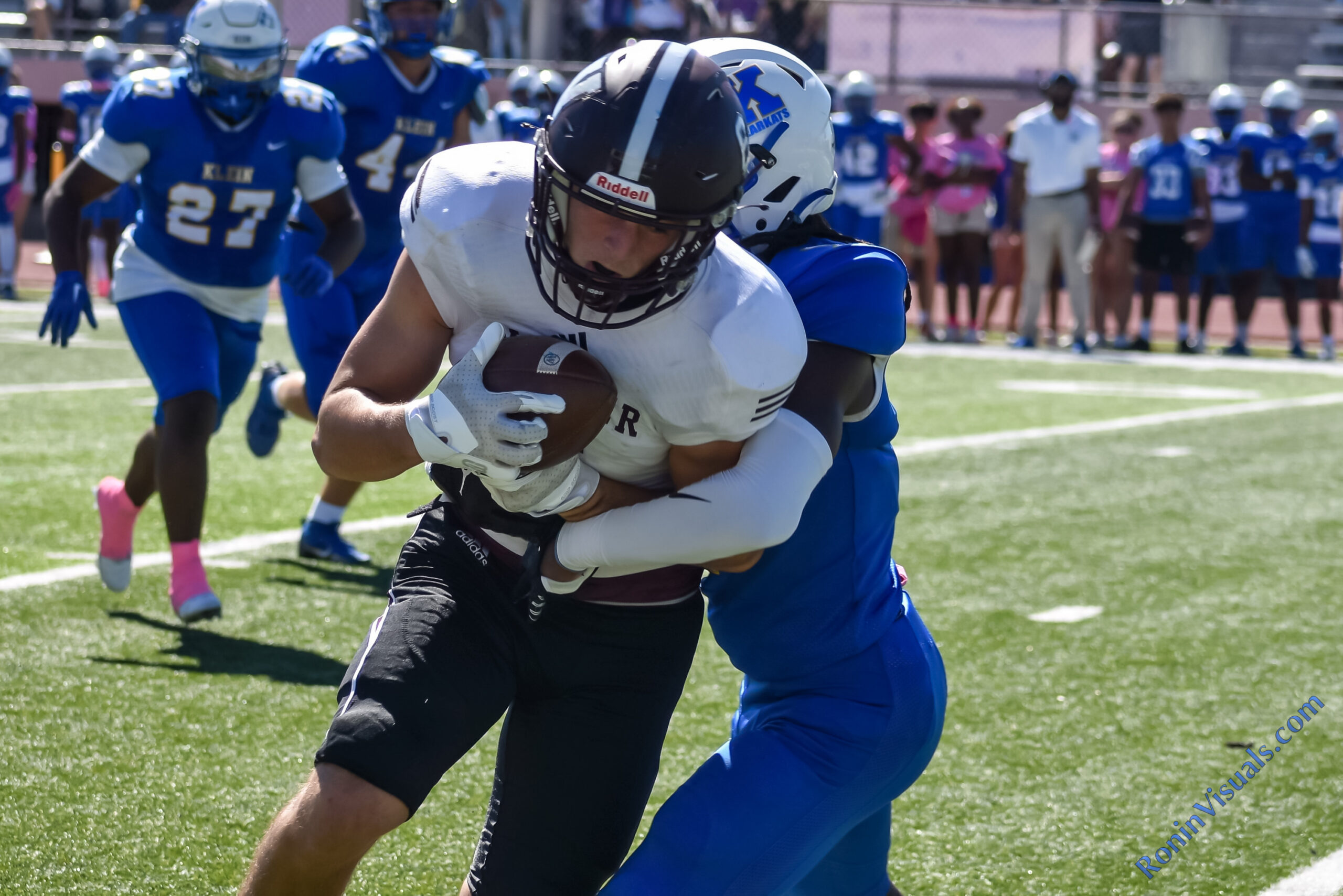 Austin Bice (6) hauls in a pass early in the Bulldogs' second win of the year. The Waller varsity Bulldogs defeat Klein for the team’s first ever district victory in Class 6A, 38-21, at Klein Memorial Stadium on Saturday, Oct. 14, 2023. (Photo via TXHSFB.NET, courtesy RoninVisuals.com)